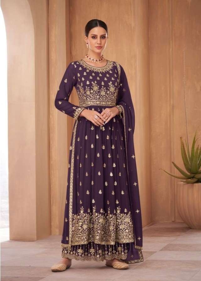 DESIGNER FANCY WEDDING PARTY WEAR GEORGETTE PURPLE SHARARA SALWAR SUIT GULKARIYA NAYRA 7185 D