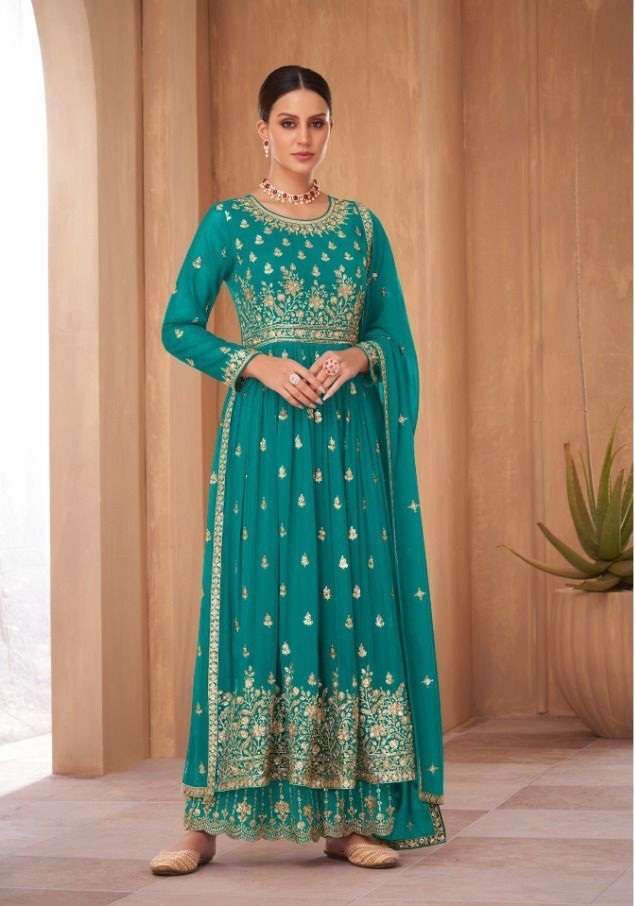 DESIGNER FANCY WEDDING PARTY WEAR GEORGETTE RAMA GREEN SHARARA SALWAR SUIT GULKARIYA NAYRA 7185 C