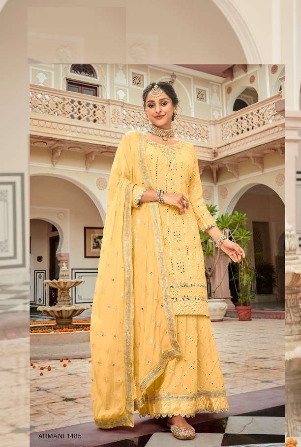 DESIGNER FANCY WEDDING PARTY WEAR GEORGETTE YELLOW SHARARA SALWAR SUIT RH ARMANI 1485