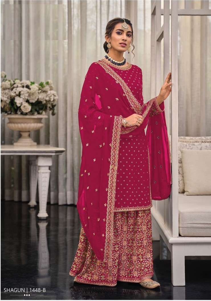 DESIGNER FANCY WEDDING PARTY WEAR WINE GEORGETTE SHARARA SALWAR SUIT NK SHAGUN 1448 B