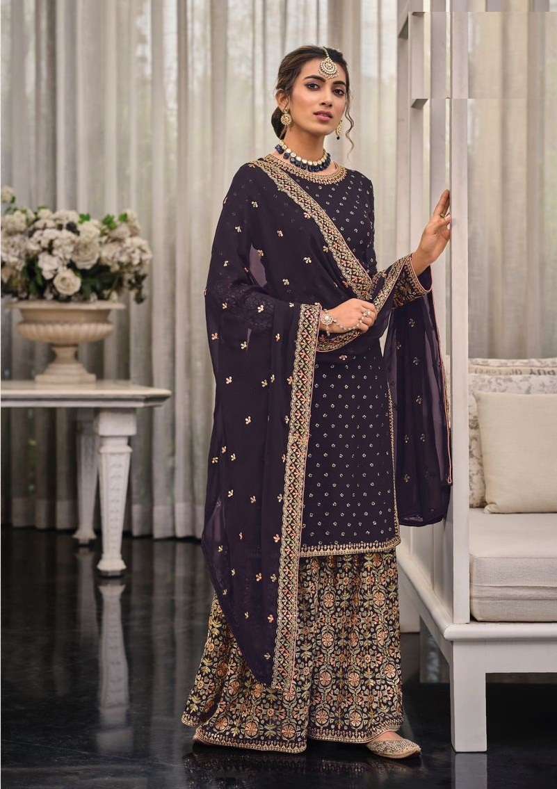 DESIGNER FANCY WEDDING PARTY WEAR WINE GEORGETTE SHARARA SALWAR SUIT NK SHAGUN 1448 C