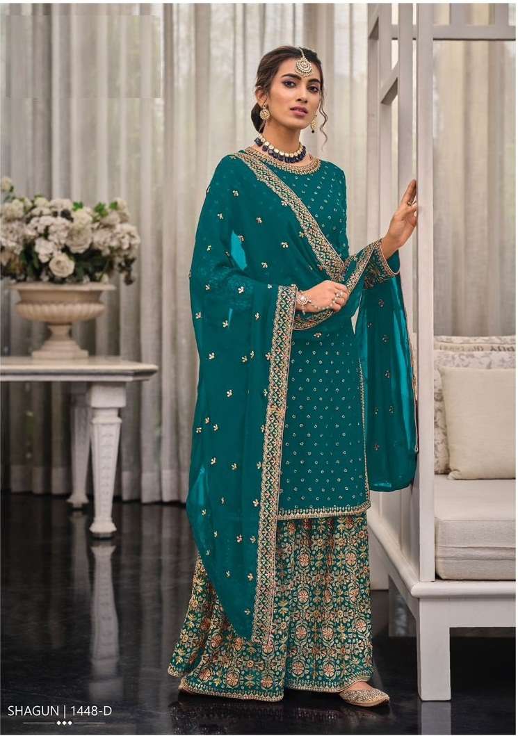 DESIGNER FANCY WEDDING PARTY WEAR WINE GEORGETTE SHARARA SALWAR SUIT NK SHAGUN 1448 D