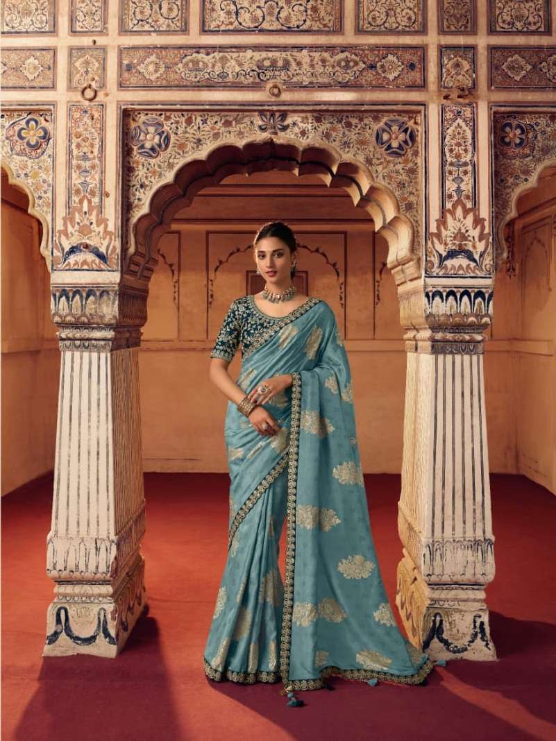 DESIGNER FANCY WEDDING SKY BLUE PARTY WEAR DESIGNER BANARASI SILK SAREE SM SULAKSHMI OLIVA 7811