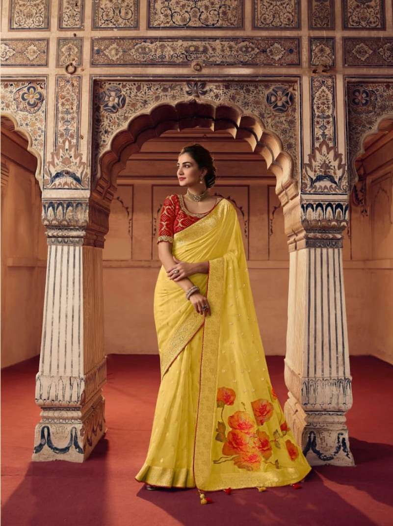 DESIGNER FANCY WEDDING YELLOW PARTY WEAR GREEN DESIGNER BANARASI SILK SAREE SM SULAKSHMI OLIVA 7803