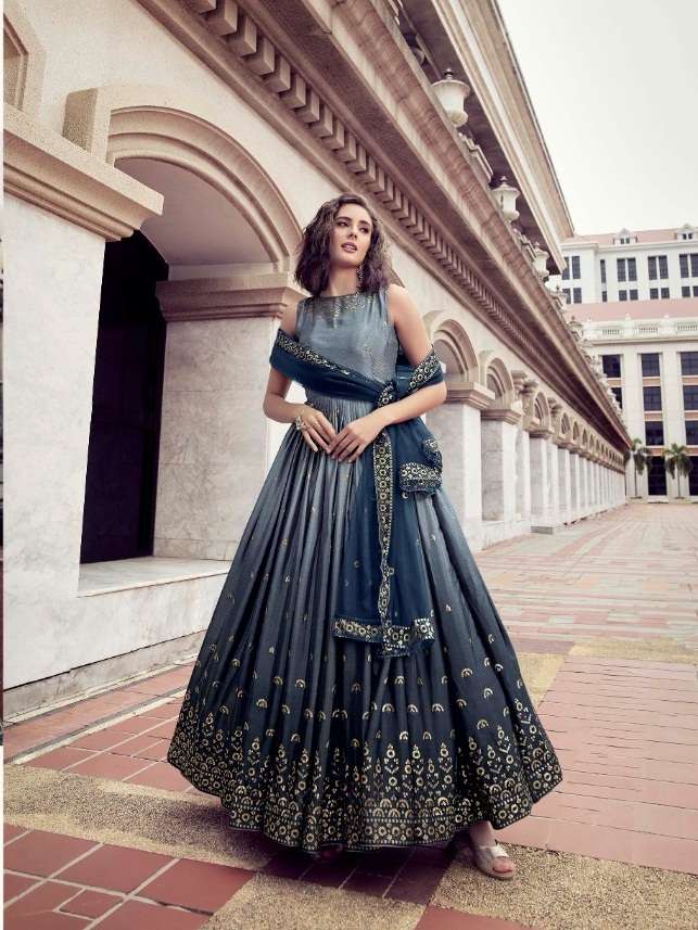 DESIGNER UNIQUE WEDDING PARTY WEAR ANARKALI GOWN IN CHINON FABRIC KF FLORY 4801