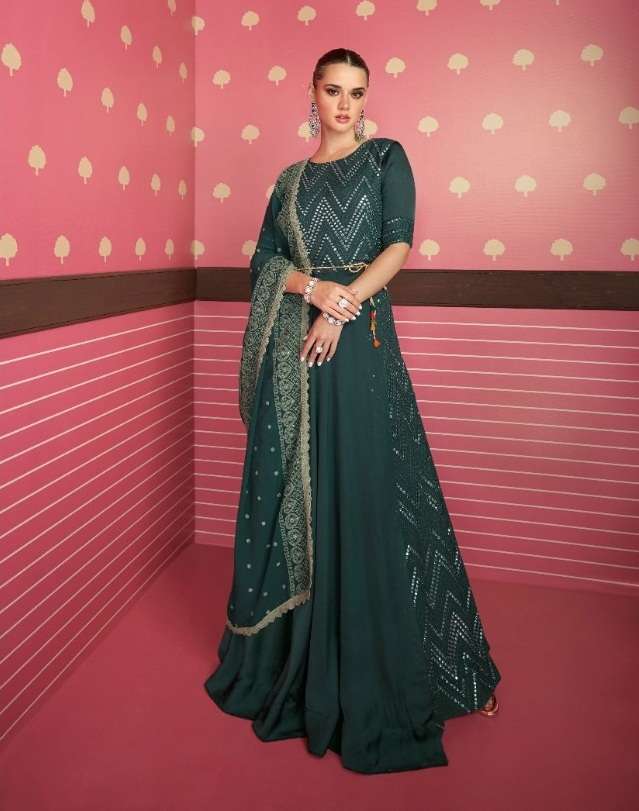 DESIGNER UNIQUE WEDDING PARTY WEAR FANCY GREEN ANARKALI SALWAR IN GEORGETTE FABRIC SAYURI ADONIA 5217