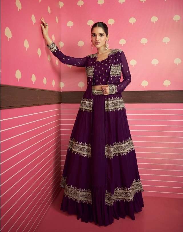 DESIGNER UNIQUE WEDDING PARTY WEAR FANCY WINE COLOR KOTI SKIRT STYLE SALWAR IN GEORGETTE FABRIC SAYURI ADONIA 5216