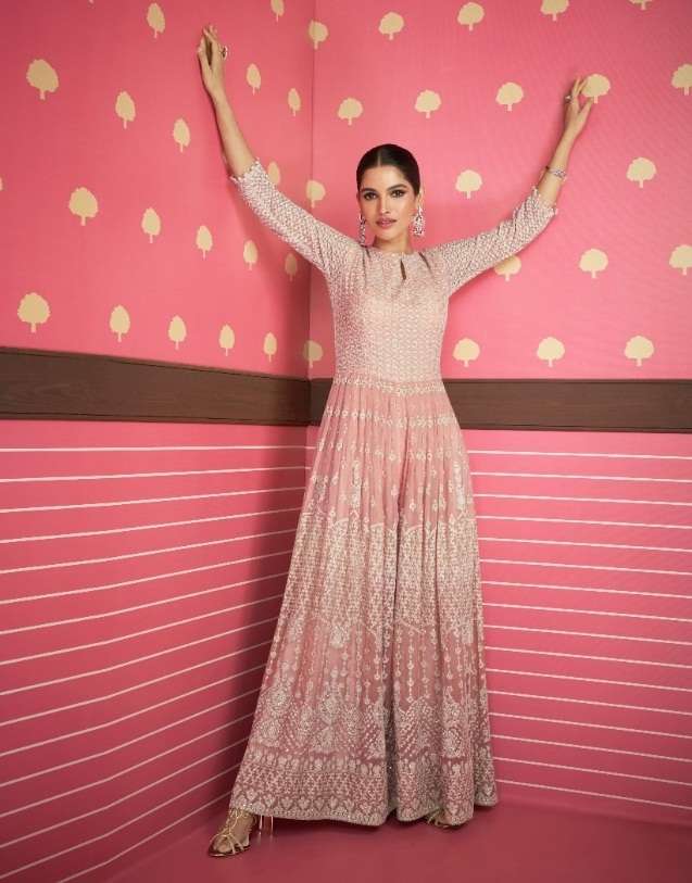 DESIGNER UNIQUE WEDDING PARTY WEAR PINK FANCY ANARKALI SALWAR IN GEORGETTE FABRIC SAYURI ADONIA 5214