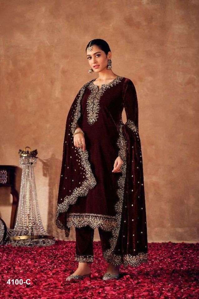 DESIGNER WEDDING PARTY WEAR STRAIGHT SALWAR SUIT IN VELVET FABRIC CP LT NITYA 4100C