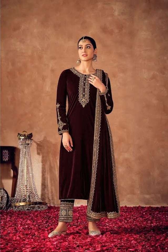 DESIGNER WEDDING PARTY WEAR STRAIGHT SALWAR SUIT IN VELVET FABRIC CP LT NITYA 8100B