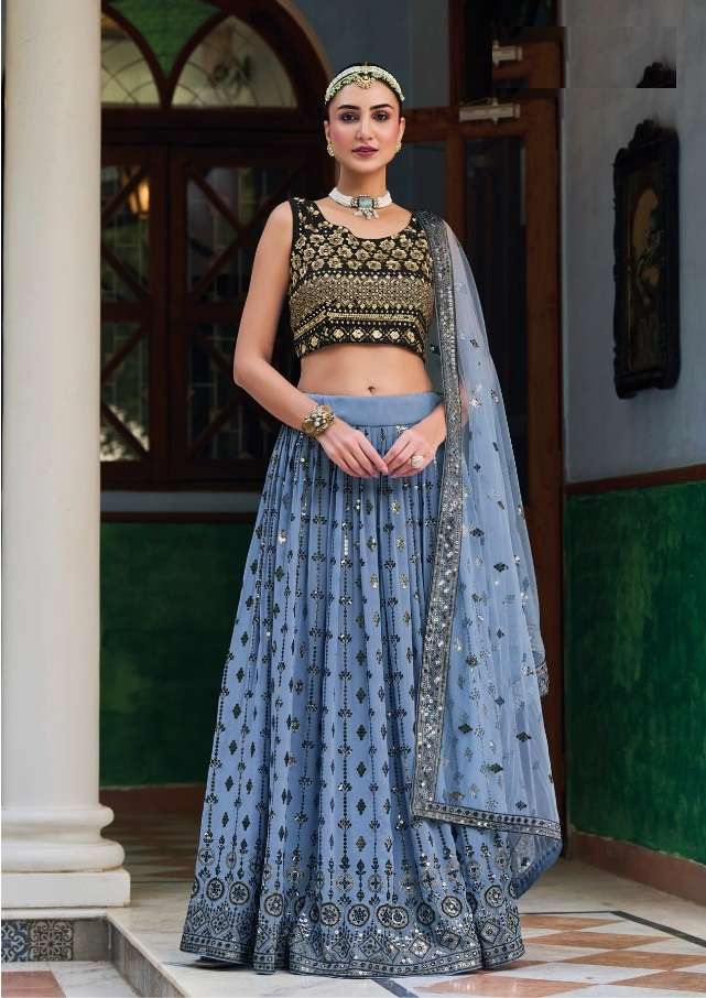 BEST QUALITY DESIGNER WEDDING PARTY WEAR BLUE LEHENGA IN GEORGETTE FABRIC AT WHOLESALE RATE SM ZAVERI OLIVIA 1122