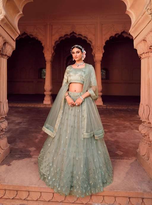 BEST QUALITY DESIGNER WEDDING PARTY WEAR GREY LEHENGA IN NET FABRIC AT WHOLESALE RATE SM AAHVAN 1103