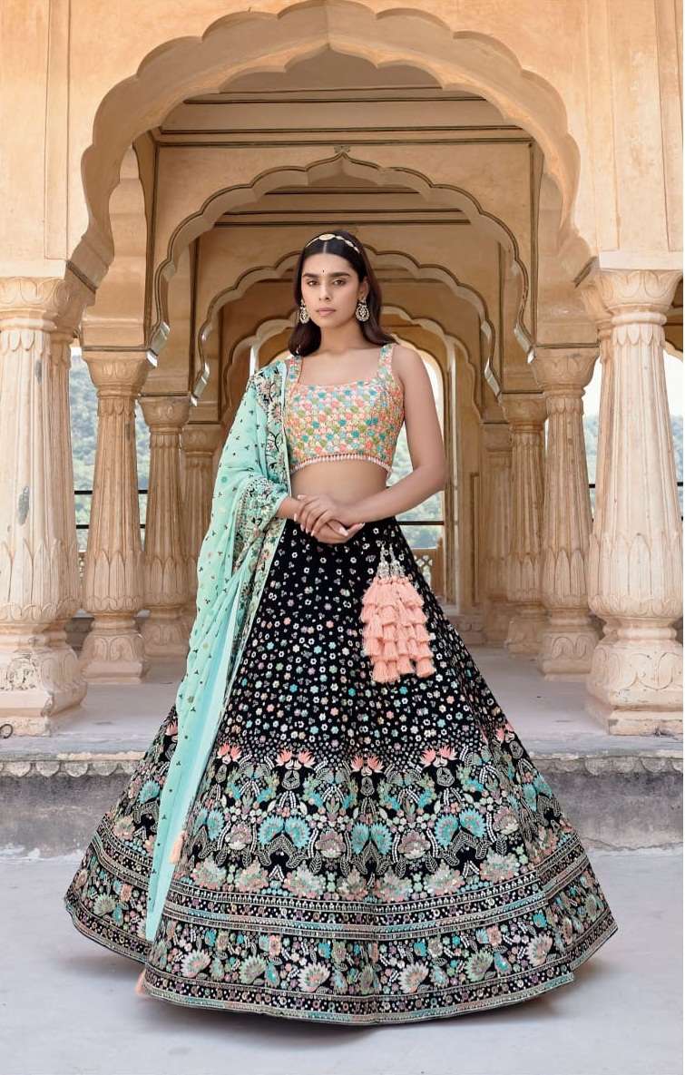 BLACK BEST DESIGNER BRIDAL WEDDING PARTY WEAR HEAVY PURE GEORGETTE LEHENGA CHOLI NAVKAR C14