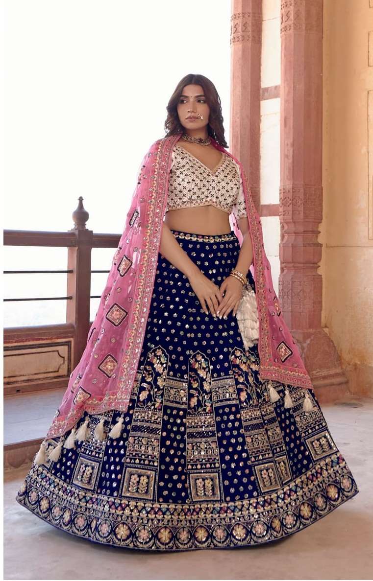 BLUE BEST DESIGNER BRIDAL WEDDING PARTY WEAR HEAVY PURE GEORGETTE LEHENGA CHOLI NAVKAR C18