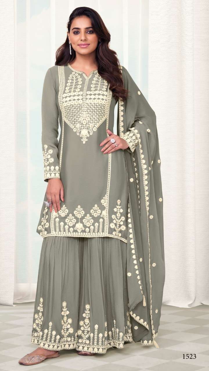 BLUE DESIGNER FANCY PARTY WEAR CHINON GREY PALAZZO STRAIGHT SALWAR SUIT EBA MARIA 1523