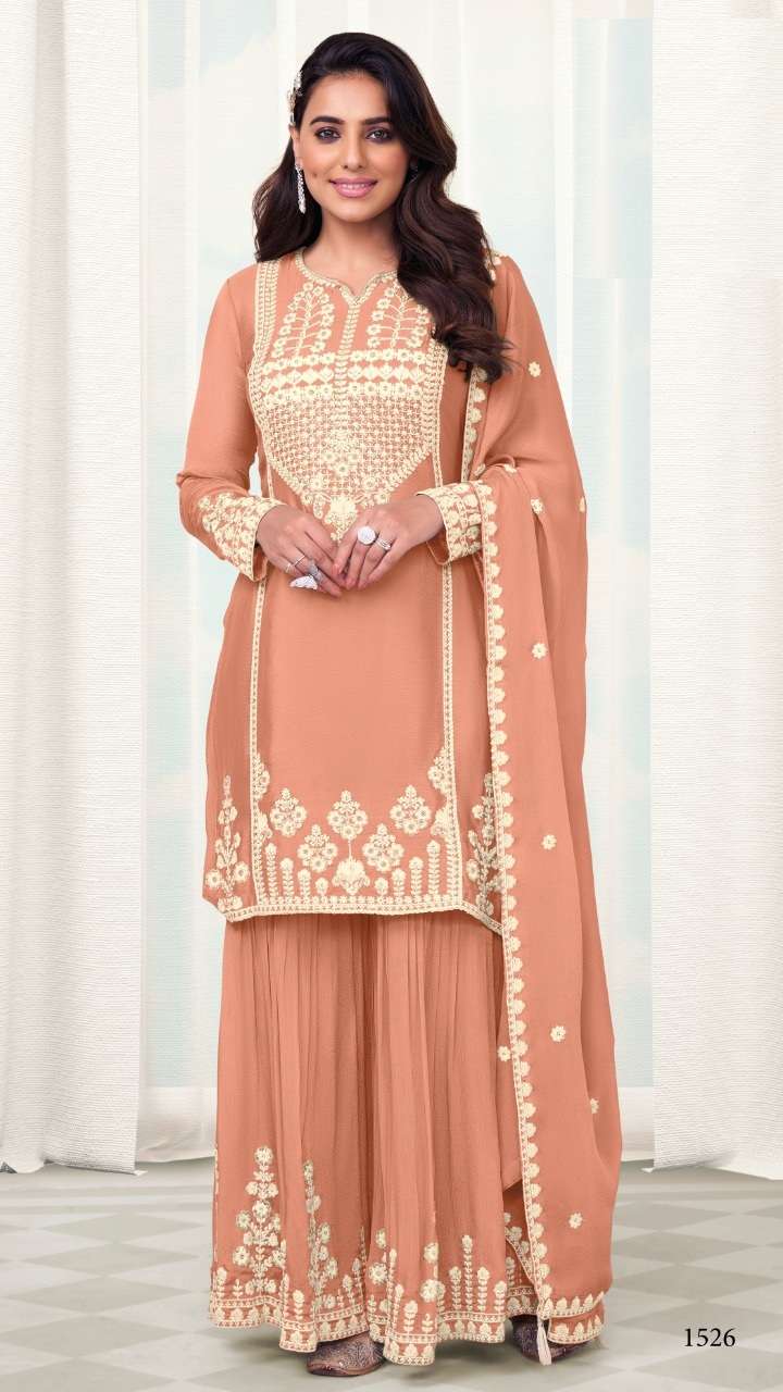 BLUE DESIGNER FANCY PARTY WEAR CHINON ORANGE PALAZZO STRAIGHT SALWAR SUIT EBA MARIA 1526