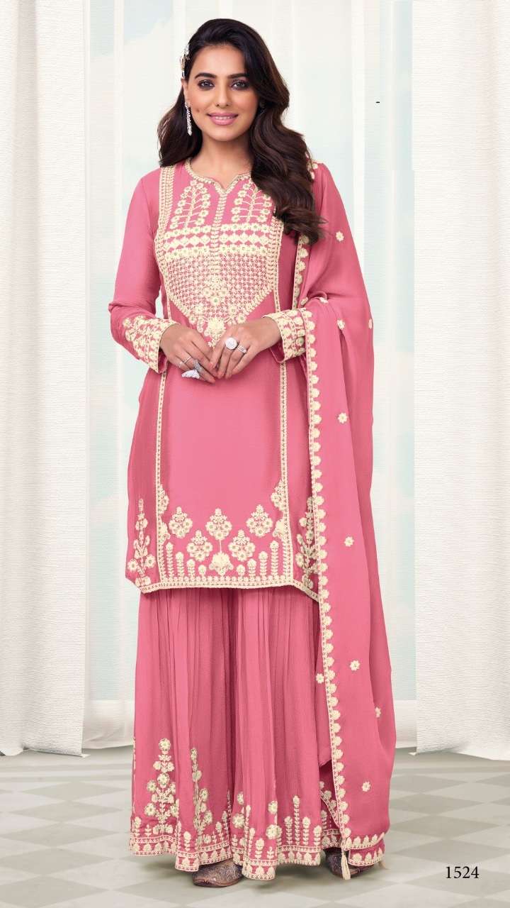 BLUE DESIGNER FANCY PARTY WEAR CHINON PINK PALAZZO STRAIGHT SALWAR SUIT EBA MARIA 1524