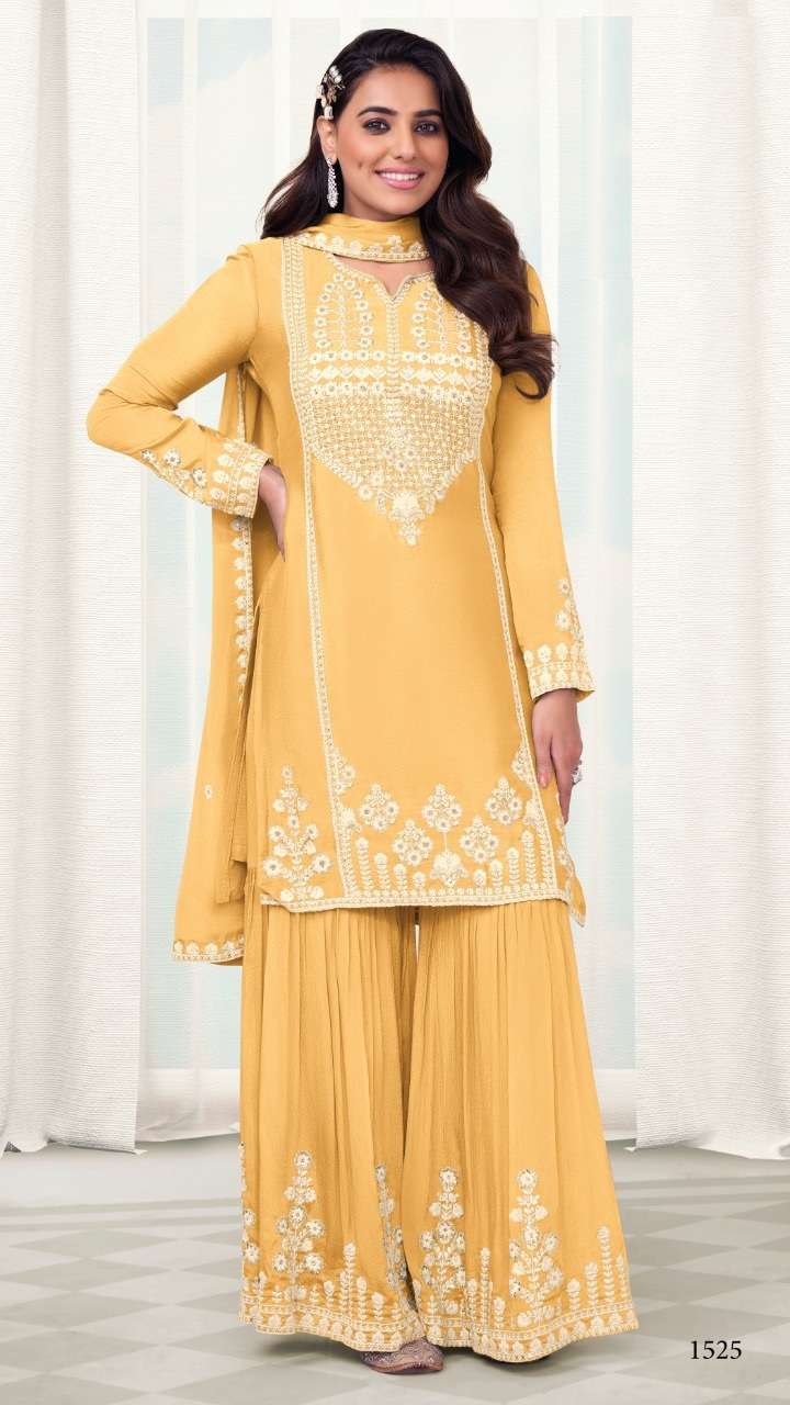 BLUE DESIGNER FANCY PARTY WEAR CHINON YELLOW PALAZZO STRAIGHT SALWAR SUIT EBA MARIA 1525