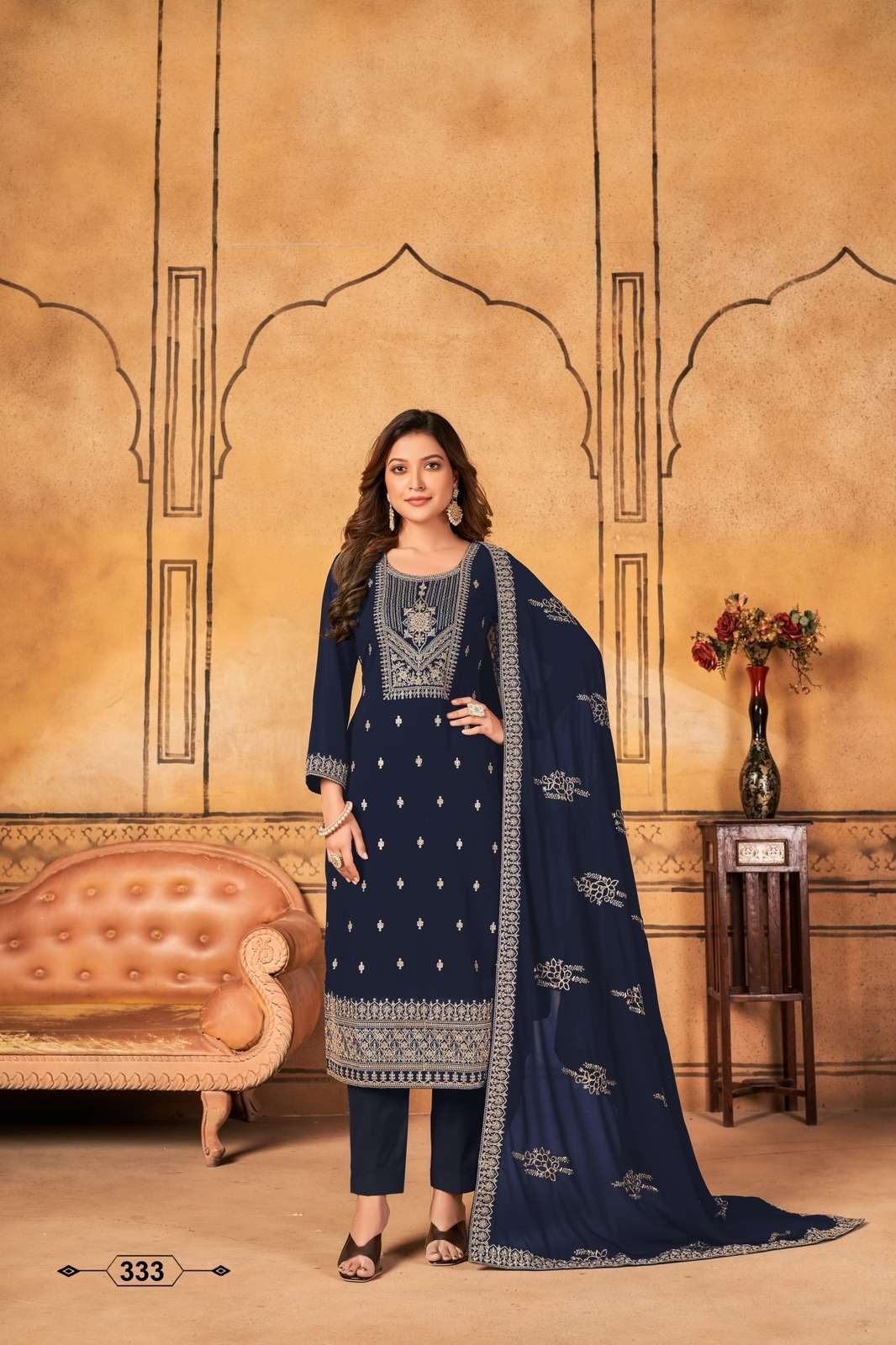 BLUE DESIGNER FANCY PARTY WEAR FAUX GEORGETTE STRAIGHT SALWAR SUIT VAANI 333