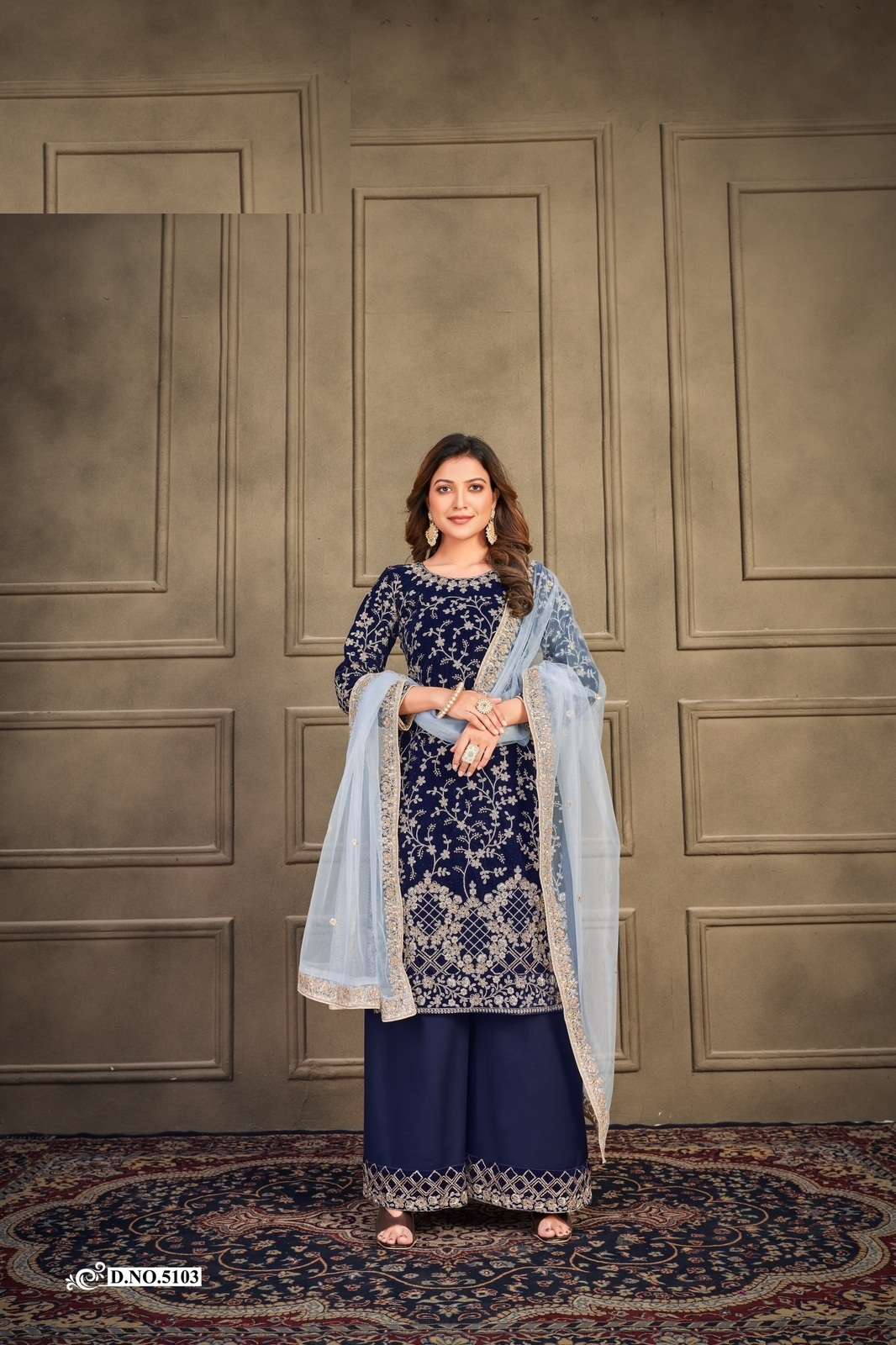 DESIGNER FANCY BLUE PAKISTANI PARTY WEAR VELVET STRAIGHT SALWAR SUIT ANY 5103