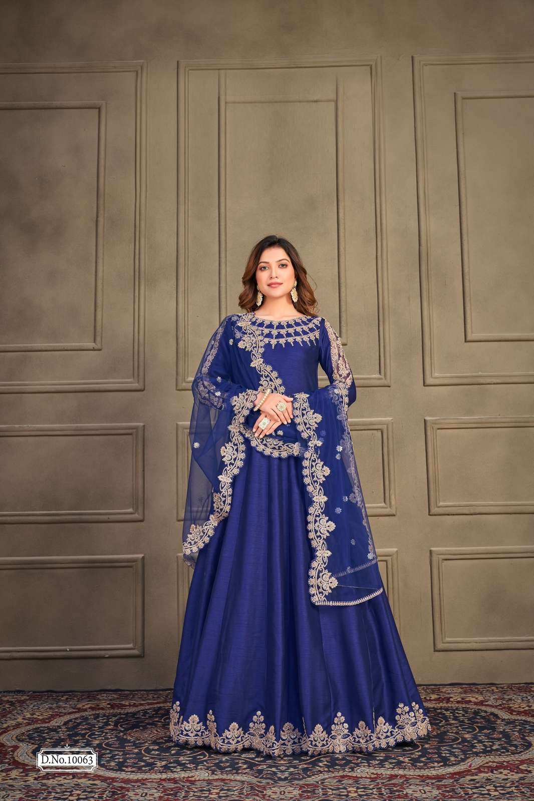 DESIGNER FANCY LONG BLUE ANARKALI SALWAR SUIT FOR WEDDING PARTY WEAR IN ART SILK WITH SEQUENCE THREAD WORK ANJUBAA 10063