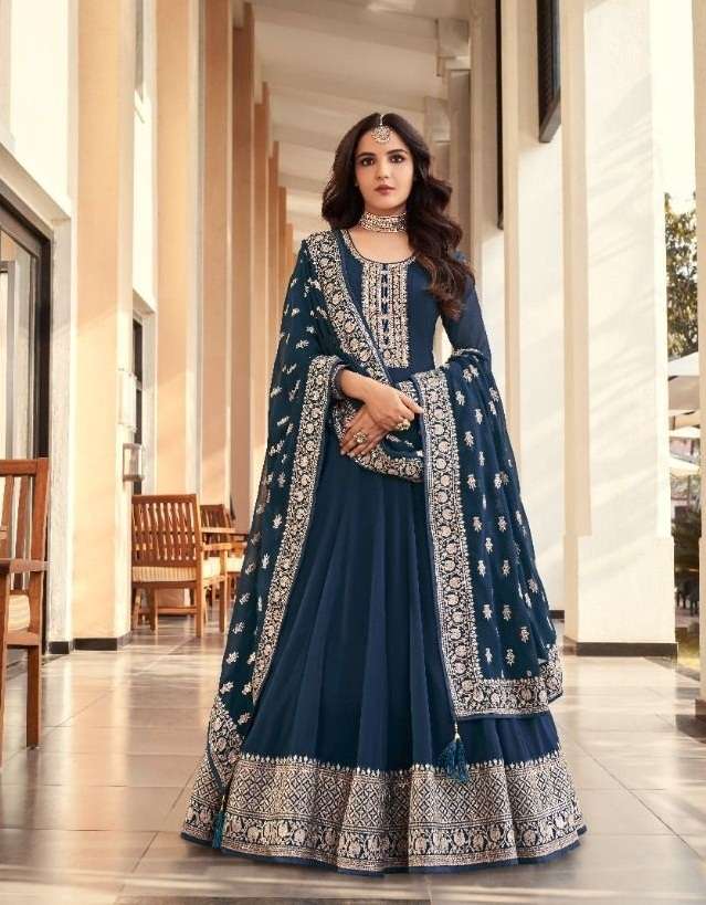 DESIGNER FANCY LONG BLUE ANARKALI SALWAR SUIT FOR WEDDING PARTY WEAR IN GEORGETTE WITH SEQUENCE THREAD AMIRAH 16061