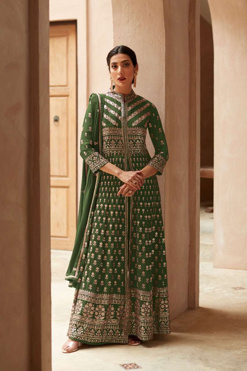 DESIGNER FANCY LONG GREEN ANARKALI GOWN SALWAR SUIT FOR WEDDING PARTY WEAR IN GEORGETTE FABRIC AF ANANYA 9454