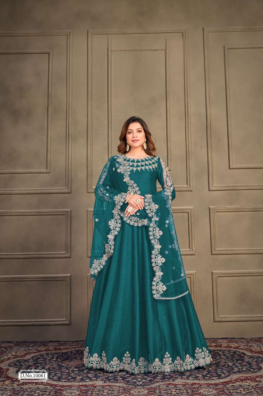 DESIGNER FANCY LONG GREEN ANARKALI SALWAR SUIT FOR WEDDING PARTY WEAR IN ART SILK WITH SEQUENCE THREAD WORK ANJUBAA 10061