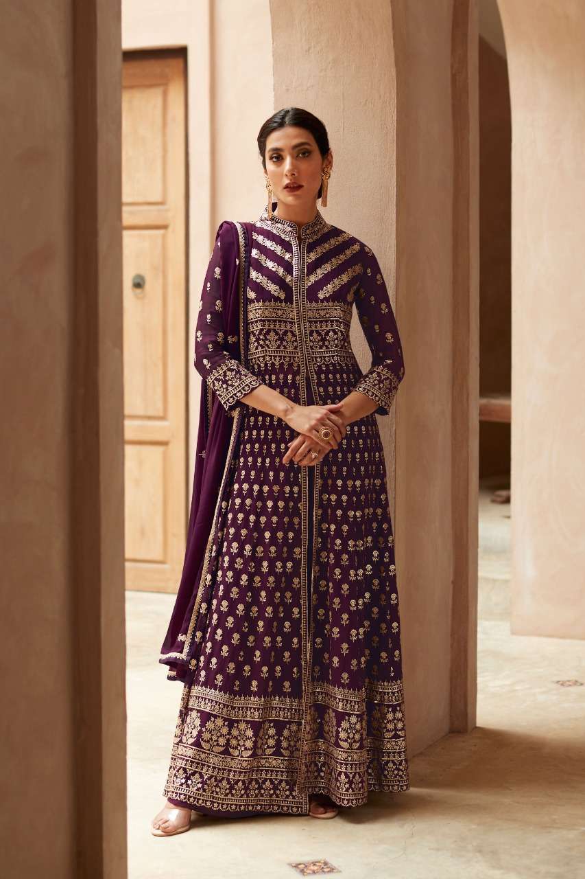 DESIGNER FANCY LONG PURPLE ANARKALI GOWN SALWAR SUIT FOR WEDDING PARTY WEAR IN GEORGETTE FABRIC AF ANANYA 9451