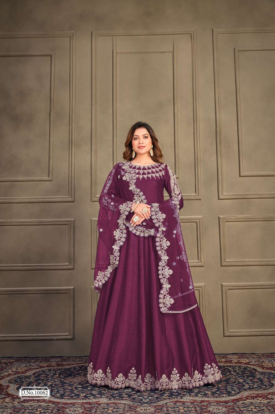 DESIGNER FANCY LONG PURPLE ANARKALI SALWAR SUIT FOR WEDDING PARTY WEAR IN ART SILK WITH SEQUENCE THREAD WORK ANJUBAA 10062