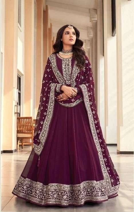 DESIGNER FANCY LONG WINE ANARKALI SALWAR SUIT FOR WEDDING PARTY WEAR IN GEORGETTE WITH SEQUENCE THREAD AMIRAH 16064