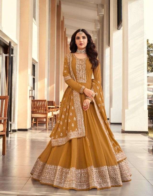 DESIGNER FANCY LONG YELLOW ANARKALI SALWAR SUIT FOR WEDDING PARTY WEAR IN GEORGETTE WITH SEQUENCE THREAD AMIRAH 16063