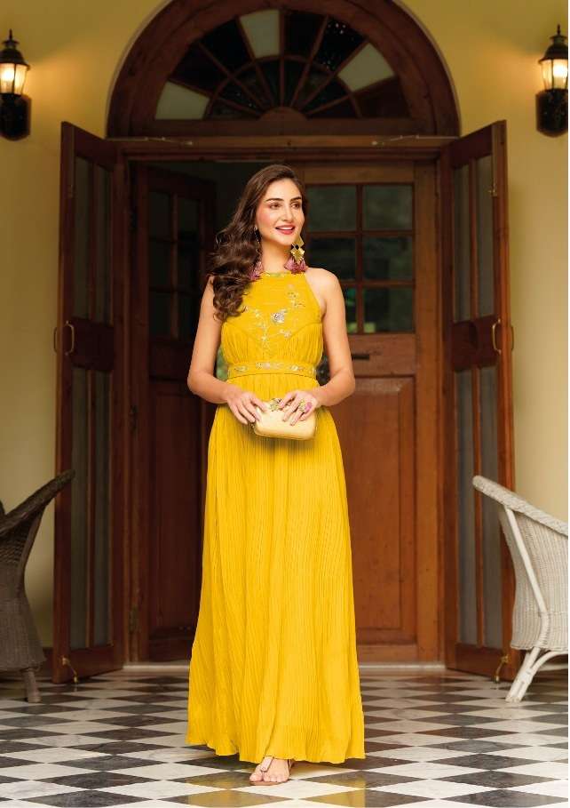 DESIGNER FANCY MOST SELLING GEORGETTE READY TO WEAR YELLOW JUMPSUIT FOR PARTY CASUAL WEAR EB CADBURY 1088