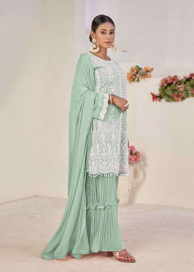 DESIGNER FANCY PAKISTANI PARTY WEAR SHARARA PALAZZO GEORGETTE SALWAR SUIT KTH 9122 COLORB