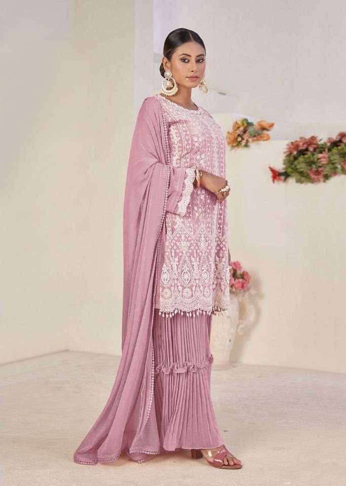 DESIGNER FANCY PAKISTANI PARTY WEAR SHARARA PALAZZO GEORGETTE SALWAR SUIT KTH 9122 COLORC