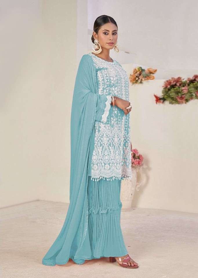 DESIGNER FANCY PAKISTANI PARTY WEAR SHARARA PALAZZO GEORGETTE SALWAR SUIT KTH 9122 COLORD