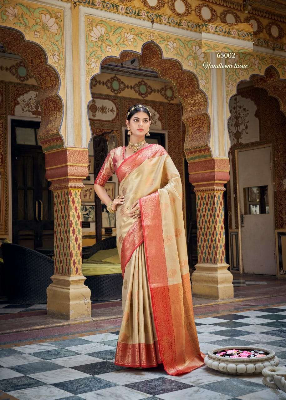 DESIGNER FANCY PARTY WEAR CHIKU SILK SAREE EXCLUSIVE COLLECTION RAJYOG AVYUKTHA SM 65002