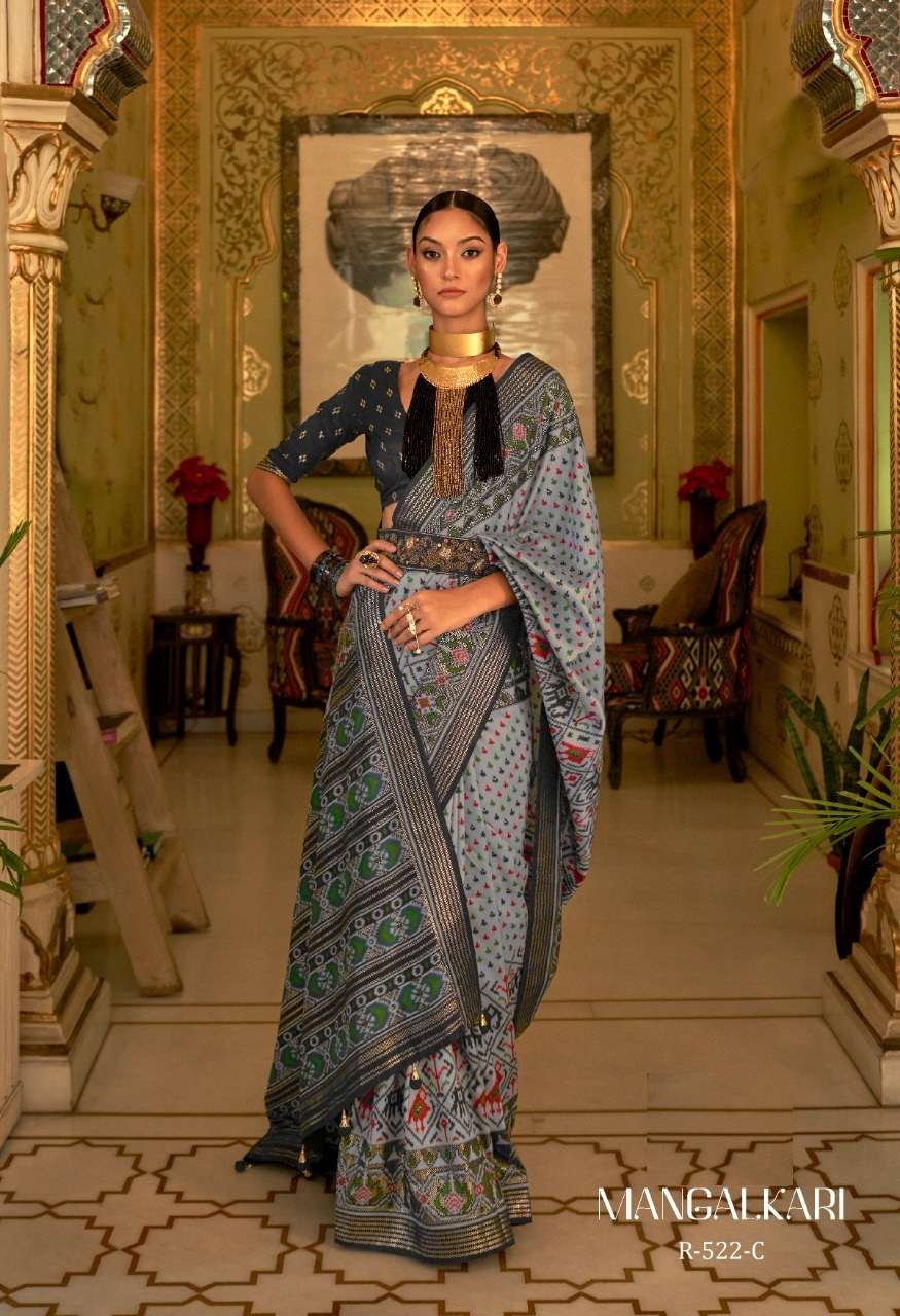 DESIGNER FANCY PARTY WEAR GREY SILK SAREE EXCLUSIVE COLLECTION SM REVAA MANGALKARI 522C