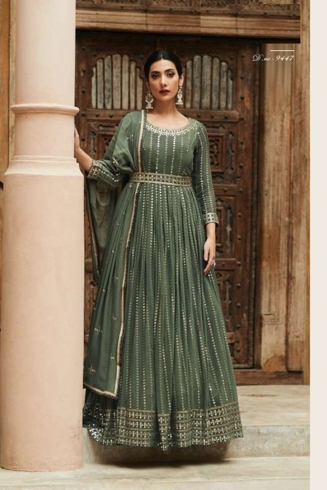 DESIGNER FANCY PARTY WEAR LONG ANARKALI SALWAR SUIT IN GEORGETTE AF AZA 9447