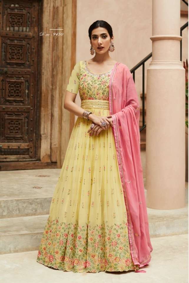 DESIGNER FANCY PARTY WEAR LONG ANARKALI SALWAR SUIT IN GEORGETTE AF AZA 9450