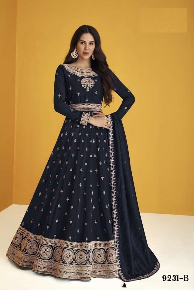 DESIGNER FANCY PARTY WEAR LONG ANARKALI SILK SALWAR SUIT JG AF HEERVA 9231 B