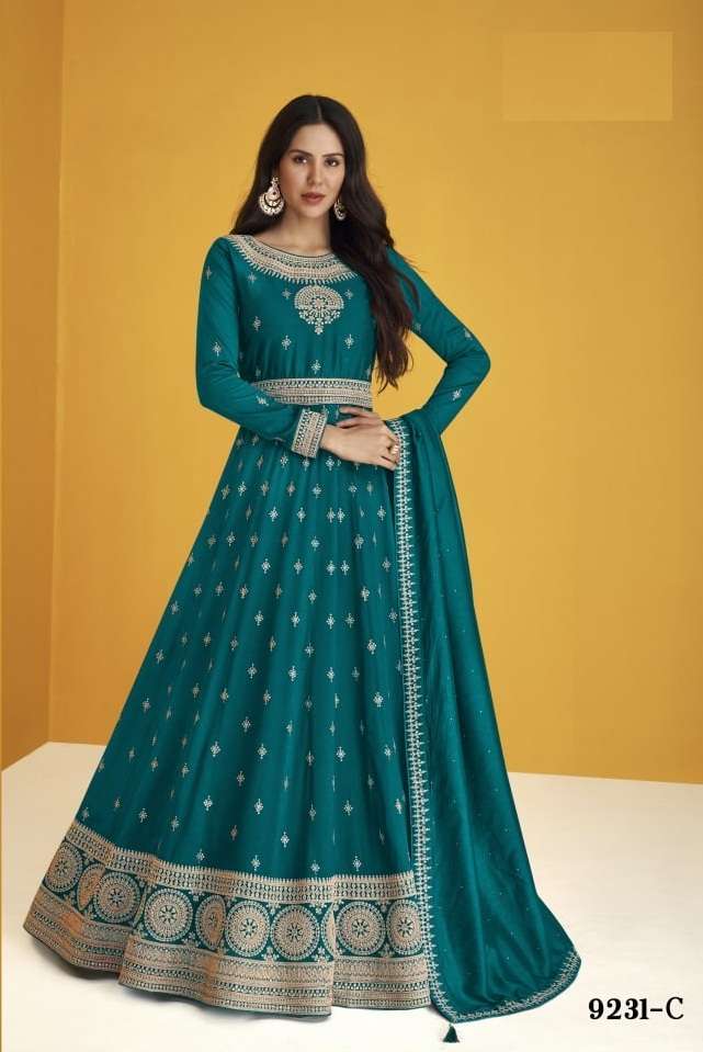 DESIGNER FANCY PARTY WEAR LONG ANARKALI SILK SALWAR SUIT JG AF HEERVA 9231 C