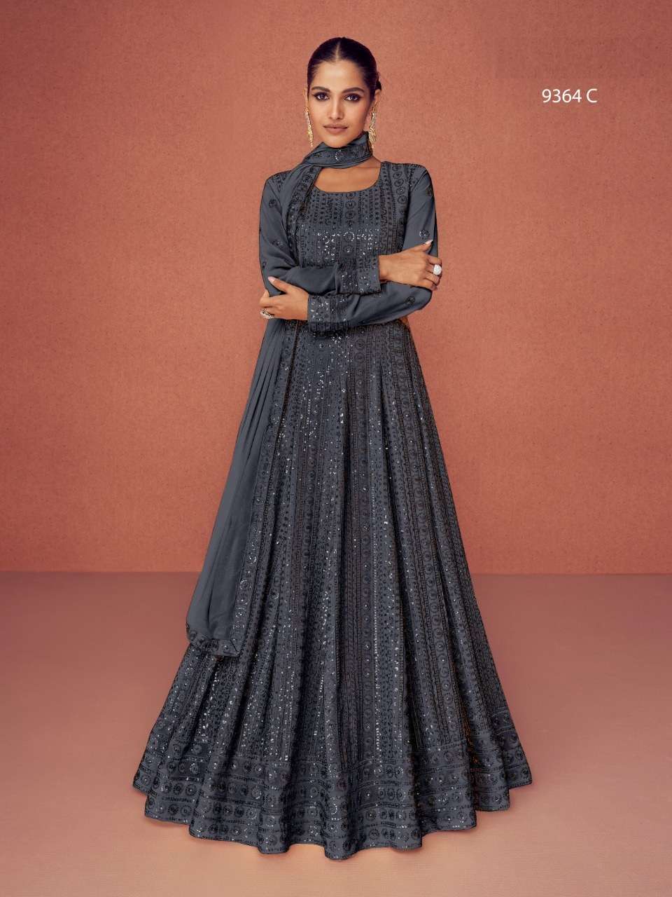 DESIGNER FANCY PARTY WEAR LONG BLACK ANARKALI SALWAR SUIT IN GEORGETTE RH AF 9364C