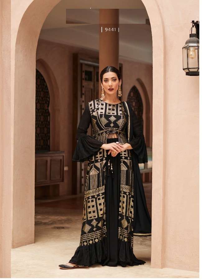 DESIGNER FANCY PARTY WEAR LONG BLACK ANARKALI SALWAR SUIT IN GEORGETTE RH AF ZARA 9441