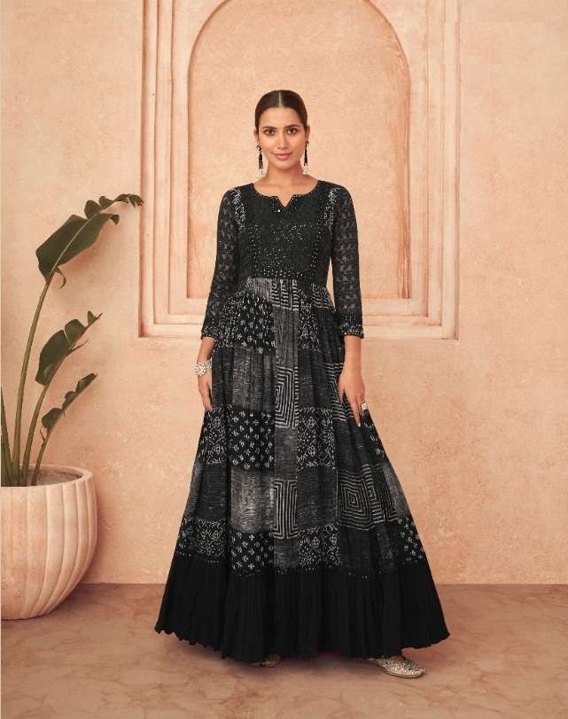 DESIGNER FANCY PARTY WEAR LONG BLACK ANARKALI SALWAR SUIT GOWN IN REAL GEORGETTE SAYURI FLORAL 5234