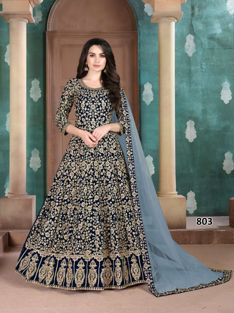 DESIGNER FANCY PARTY WEAR LONG BLUE ANARKALI GEORGETTE SALWAR SUIT AANAYA 803