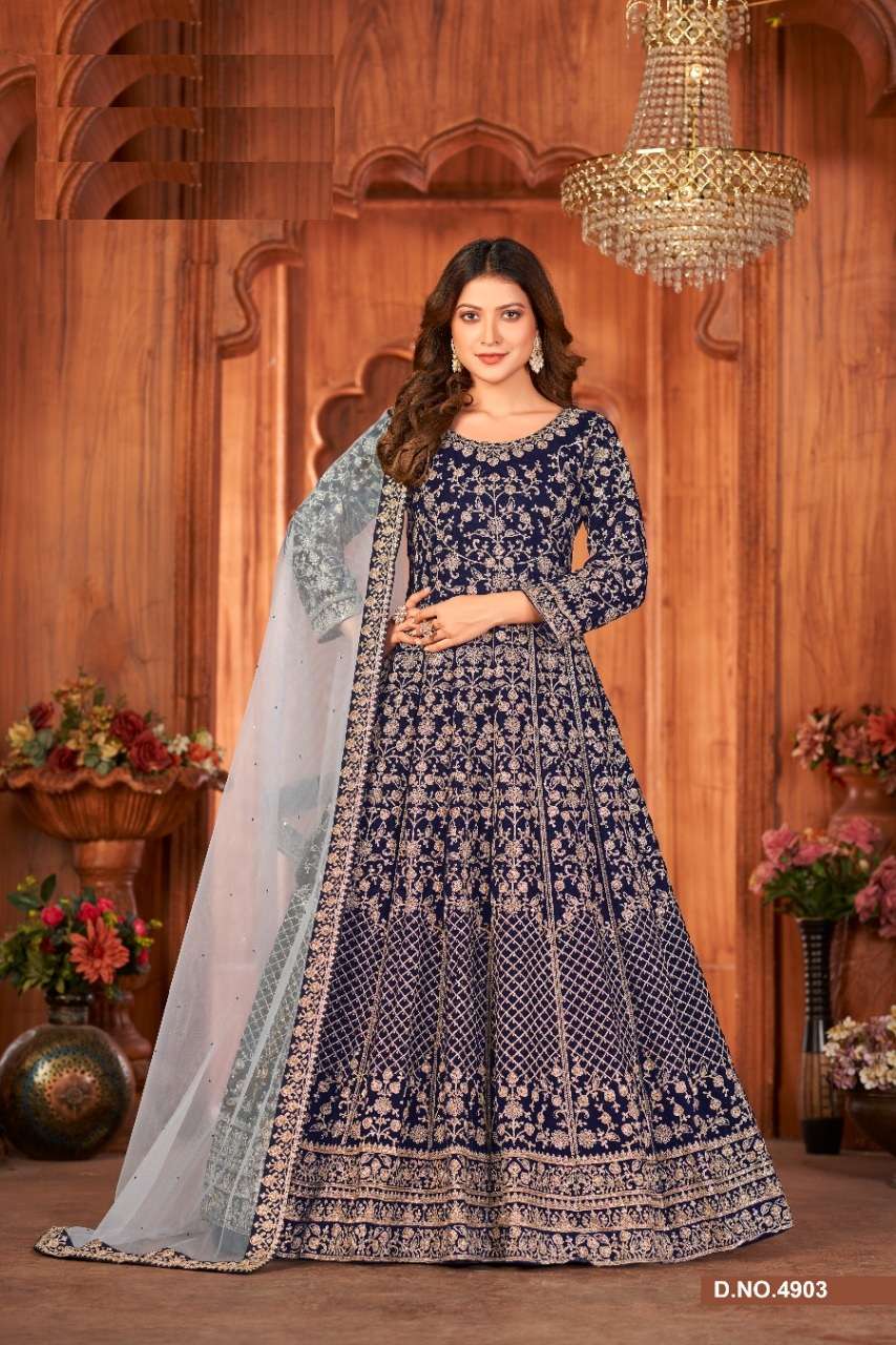 DESIGNER FANCY PARTY WEAR LONG BLUE ANARKALI GEORGETTE SALWAR SUIT AANAYA 4903