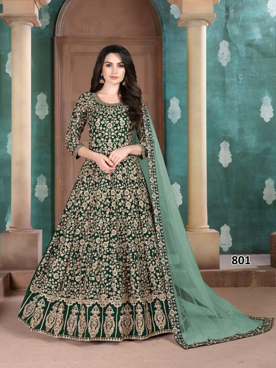 DESIGNER FANCY PARTY WEAR LONG GREEN ANARKALI GEORGETTE SALWAR SUIT AANAYA 801