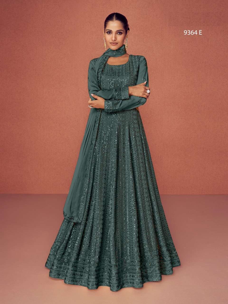 DESIGNER FANCY PARTY WEAR LONG GREEN ANARKALI SALWAR SUIT IN GEORGETTE RH AF 9364