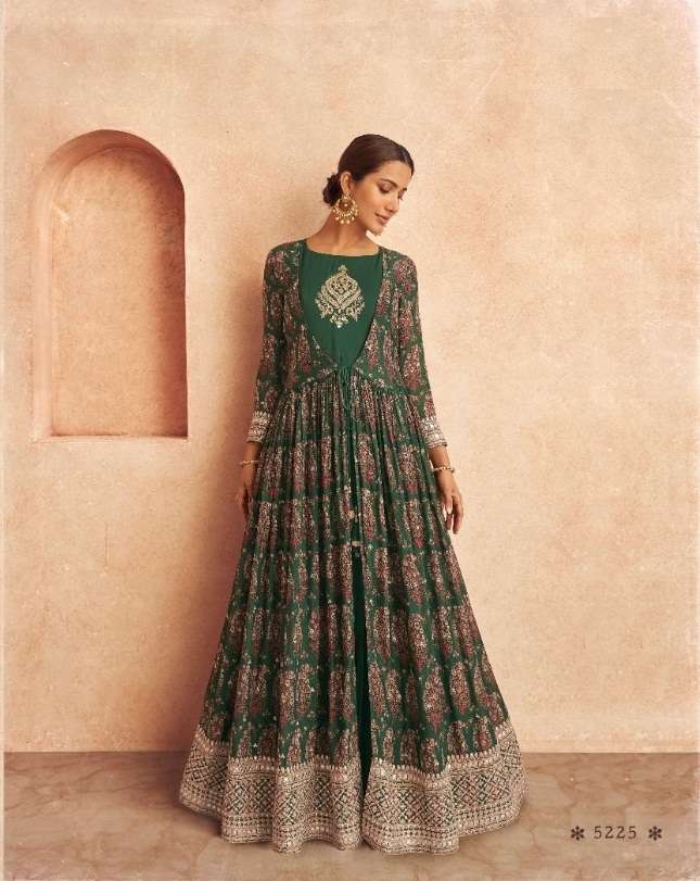 DESIGNER FANCY PARTY WEAR LONG GREEN ANARKALI SALWAR SUIT GOWN IN GEORGETTE SAYURI THREADS 5225